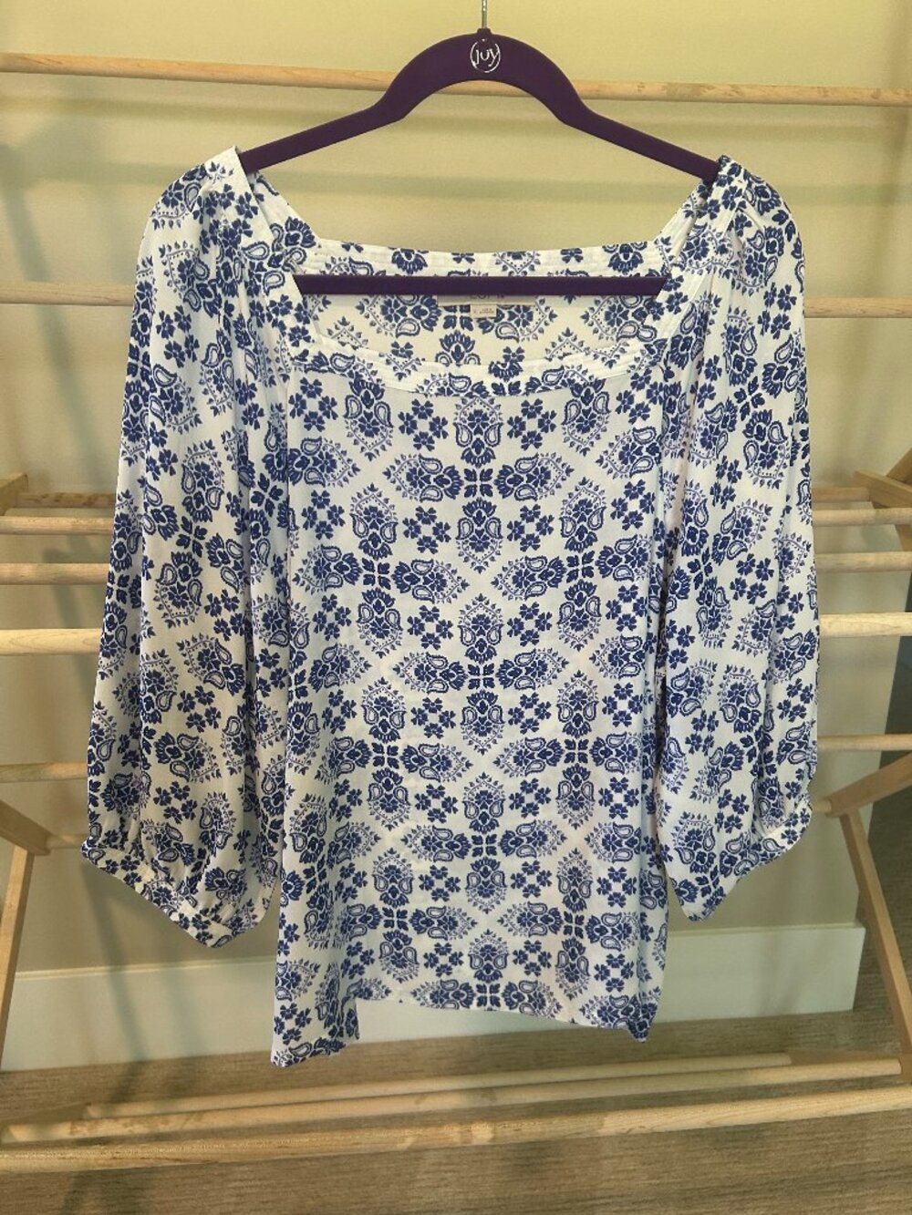 LOFT Blue White Medallion Tile Square Neck Puff Sleeve Blouse XL